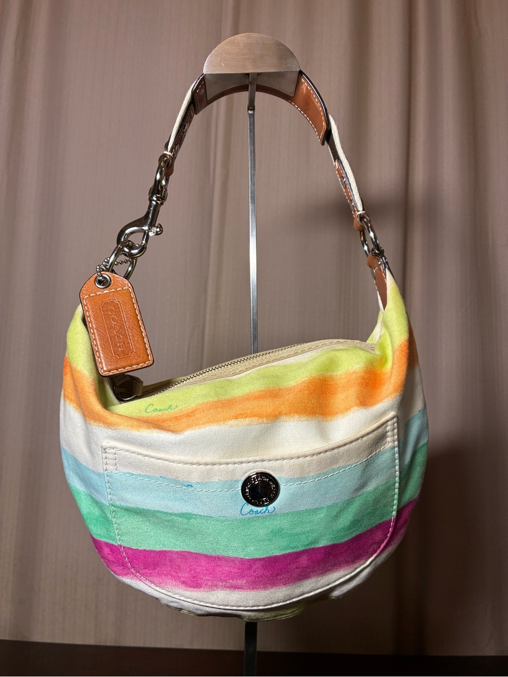 Coach Rainbow Striped Canvas Shoulder Bag with Leather Trim